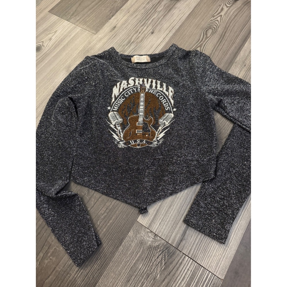 Altar'd State Nashville Graphic Crop Top Silver Lurex Tie Back Long Sleeve XS